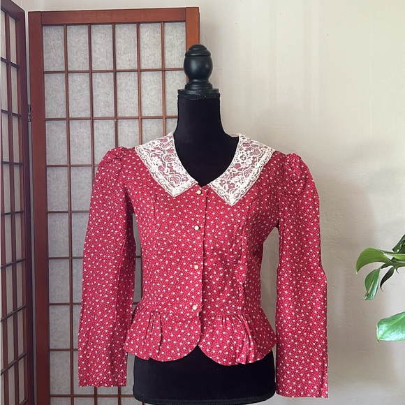 Vintage 70s Red Boho Peplum Blouse - Picture 2 of 14